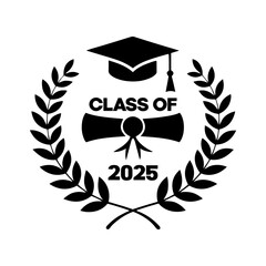 Graduate class of 2025 logo with diploma, laurel wreath and graduation cap vector on white background.
