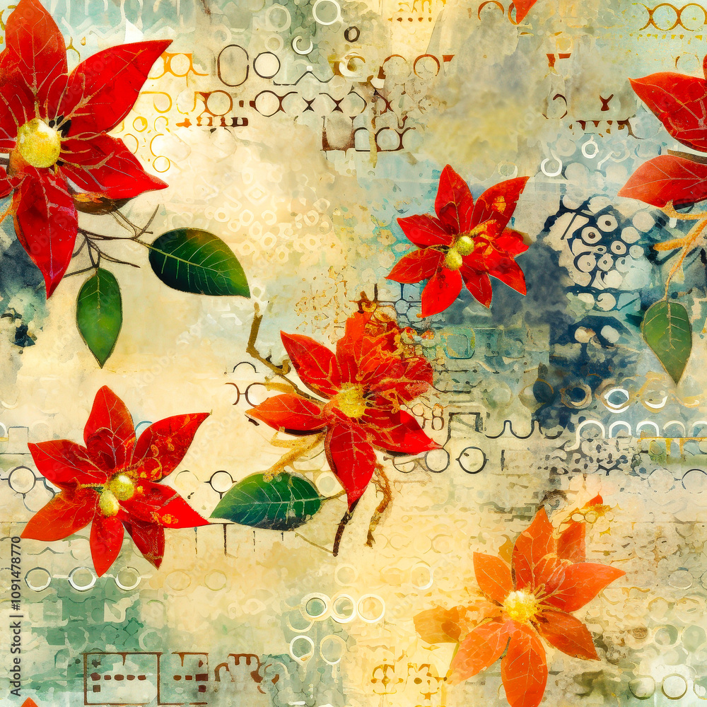 Poster vibrant red flowers with green leaves showcase a striking contrast against an abstract textured back