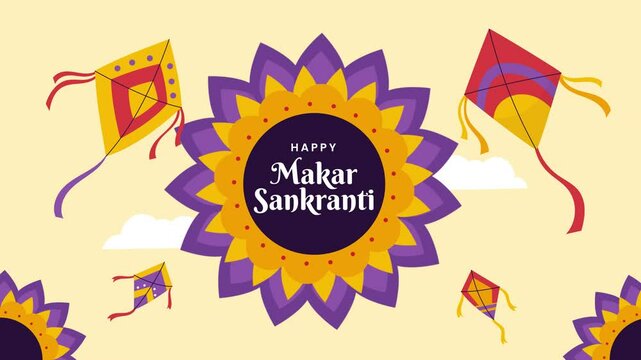 Happy Makar Sankranti | Makar Sankranti wish video with simple minimal background surrounded with flying kites and artistic mandalas.