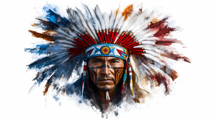 Native american chief with colorful headdress, white isolate background. Ancient Warrior Tapestry. Illustration