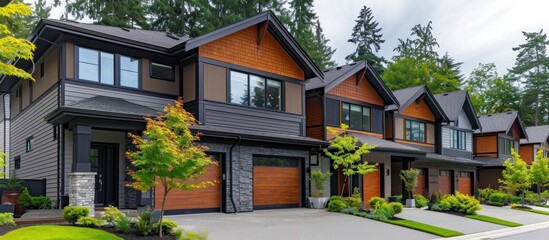 Obraz premium Modern Townhouses with Garages and Lush Landscaping