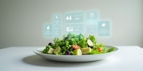 Fresh Green Salad with Interactive Food Analysis Interface Displaying Nutritional Information and Ingredients on a Light Background