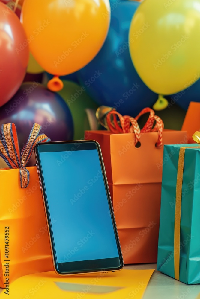 Poster a cell phone sits on a table surrounded by colorful balloons