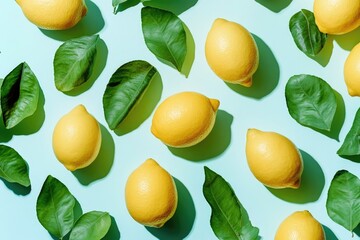 Obraz premium A group of lemons with leaves sit on a blue surface, perfect for use in food or still life photography