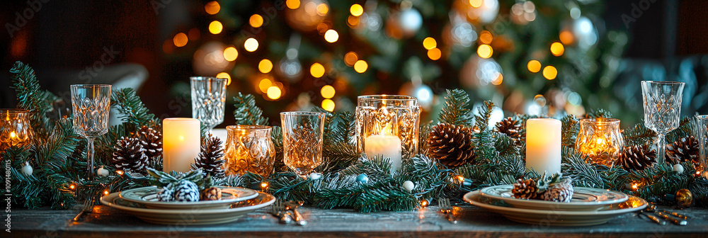 Aufkleber the holiday table is elegantly set with candles and pinecones, illuminated by warm lights from a bea
