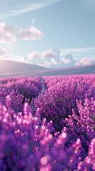 Obraz premium Lush lavender field, soft focus, scenic view, idyllic landscape, sunrise.