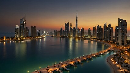 Obraz premium Transport yourself to the luxurious Jumeirah Beach in Dubai, surrounded by the breathtaking skyline of Marina skyscrapers, as the sun sets over the Arabian Gulf. 