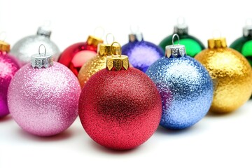 Obraz premium Colorful Christmas ornaments arranged on a white surface