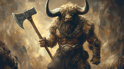 Furry bull warrior with axe - mythical creature illustration. Ancient Warrior Tapestry. Illustration