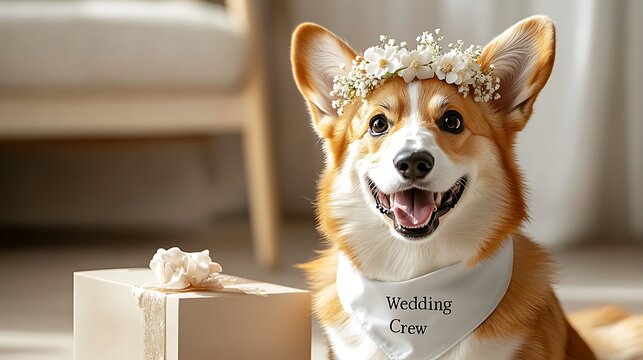 Charming Corgi Dressed for a Wedding Celebration with Floral Crown and Cute Bandana, Perfect for Pet Lovers and Wedding Themes