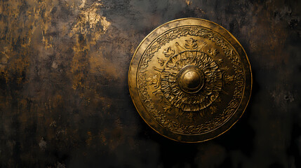 Antique golden shield with intricate textures hanging on a dark, aged wall, symbolizing strength and protection. Ancient Warrior Tapestry. Illustration