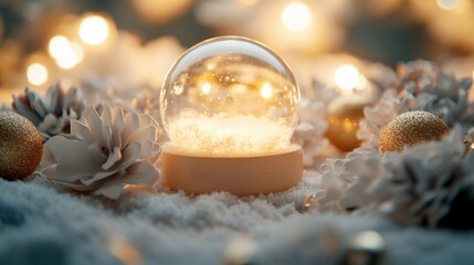 A small snow globe sitting on top of snow-covered ground, perfect for winter-themed projects and decorations