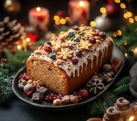 Delicious festive cake with decorations.