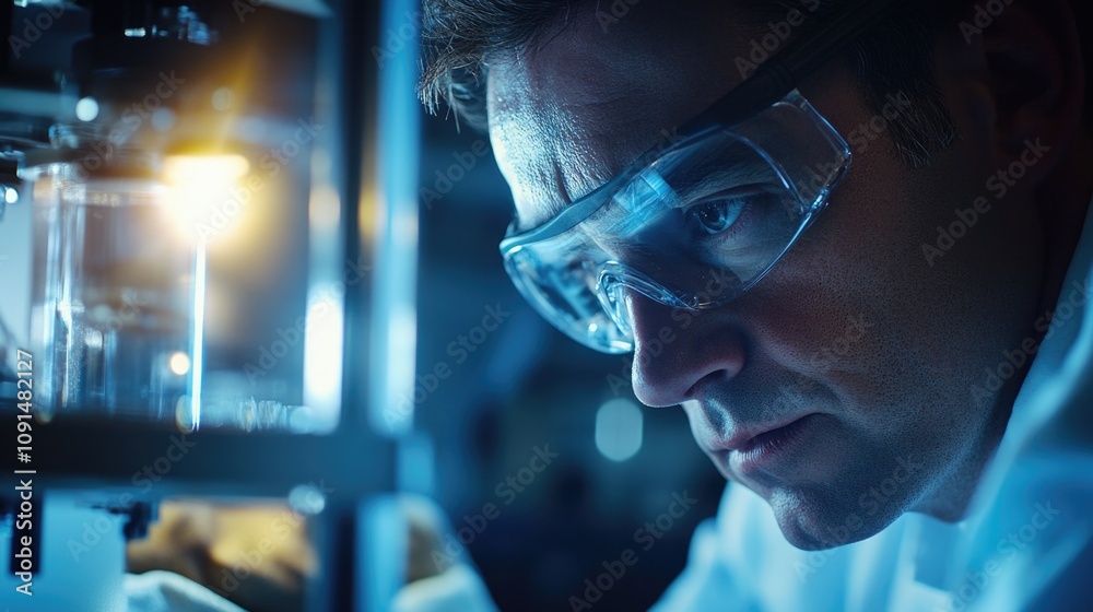 Poster A scientist in a lab coat and goggles examines an unknown substance or device