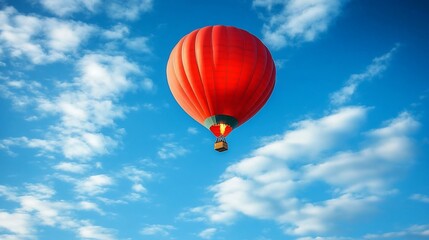 Fototapeta premium Red hot air balloon soars against a blue, cloudy sky.