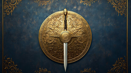 Naklejka premium A golden shield with intricate carvings and a sword through it, hanging on a dark blue wall with gold trim. Ancient Warrior Tapestry. Illustration