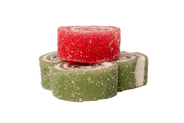 Jelly sweet candy roll isolated on a white background. Marmalade candy.