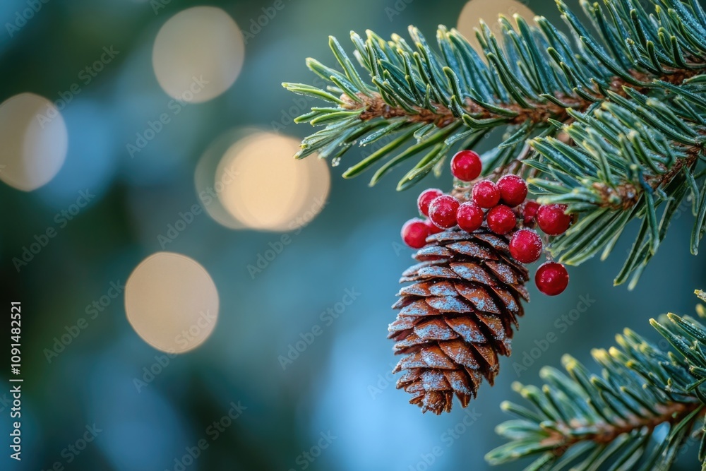 Poster close up shot of a pine cone on a tree branch