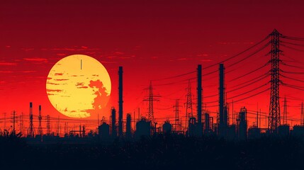 Fototapeta premium Industrial sunset landscape with power lines and factories.