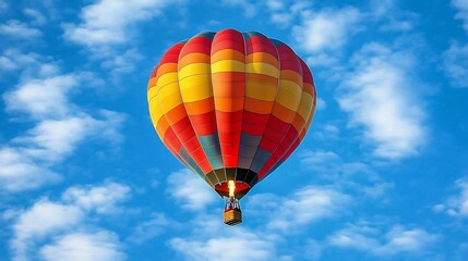 Fototapeta premium Colorful hot air balloon soars against a bright blue, cloudy sky.