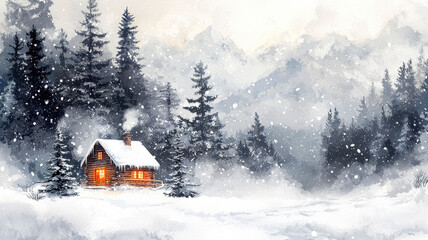 Naklejka premium A watercolor featuring a cozy cabin nestled among evergreen trees, with gently falling snow creating a serene winter atmosphere.