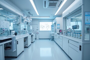 Modern Laboratory Environment with Advanced Equipment for Drug Development and Research Activities in a Clean, Bright Workplace