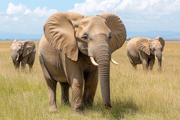 Fototapeta premium Wild elephants roaming freely in a lush green meadow
