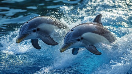 Two dolphins gracefully leaping from the water, showcasing their playful nature and beauty in the ocean.