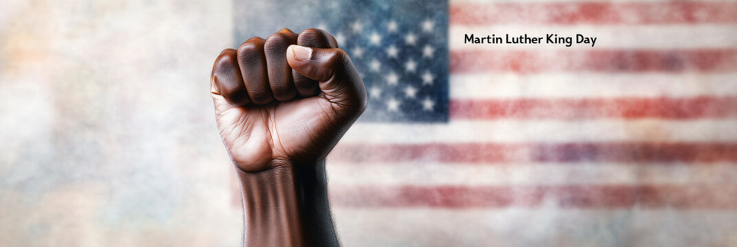 A raised fist with an American flag backdrop symbolizes unity and freedom, with clean typography reading "Martin Luther King Jr. Day," celebrating civil rights and justice.