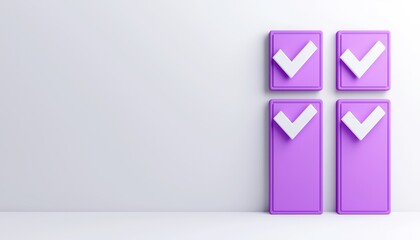 Check 3D minimalist concept. A clean and modern illustration of four purple checkboxes on a minimalistic background, symbolizing completion, approval, and organization in a visually appealing way.