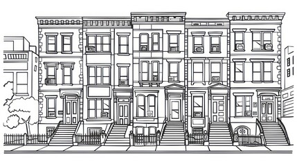 Black and white drawing of a row of historic townhouses with multiple stories, windows, and stairs.