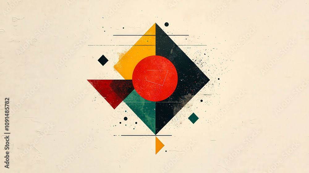 Poster an abstract composition features a bold central red circle surrounded by various geometric shapes in