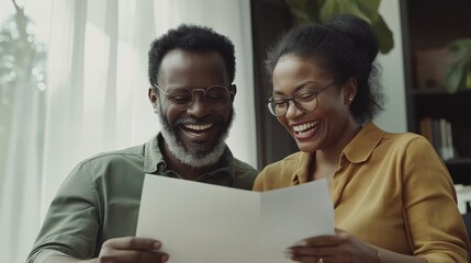 A Black couple reading a medical document at home, laughing and happy with good news in paper form