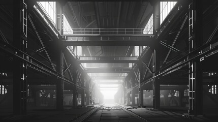 Fototapeta premium Industrial interior, dark and spacious warehouse with metal beams and a bright center.
