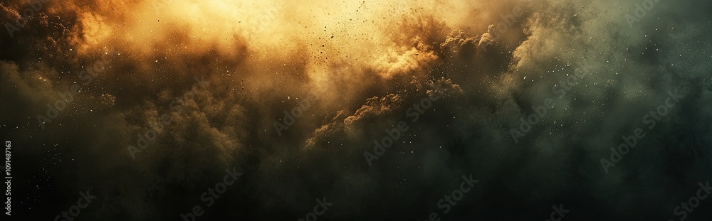 Poster bright contractions of dust spores dance against a deep black background in captivating display