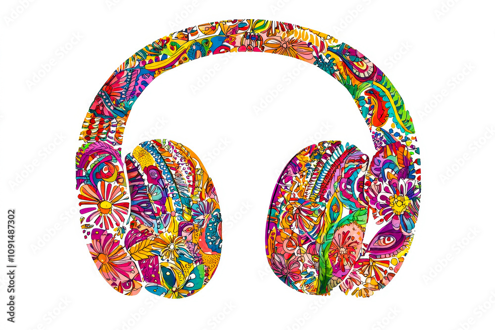 Poster the vibrant headphones feature a detailed floral pattern, highlighting a unique blend of art and mus