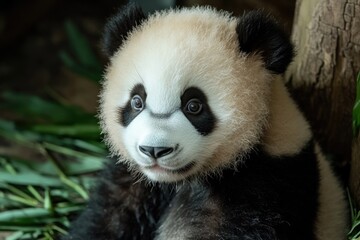 Fototapeta premium Close-up shot of a panda bear sitting next to a tree, suitable for wildlife or conservation-related content
