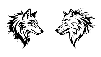 Obraz premium Black-and-white illustration of a wolf's head on white background.
