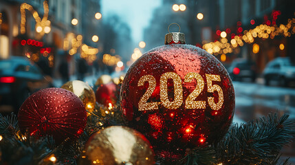 The number "2025" in led lights on the street. 2025 lettering design on banner card. New Years greeting welcoming the new year. Happy New Year 2025