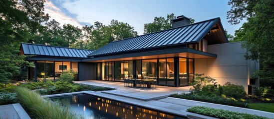 Obraz premium Modern Architectural Marvel: Luxury Home with Pool and Tranquil Setting