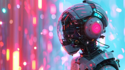 Fototapeta premium Futuristic robot head profile, glowing with vibrant colors, against a backdrop of abstract light patterns.
