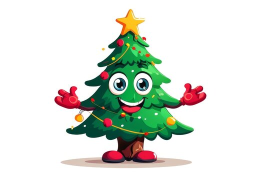 Ein fr&ouml;hlicher, animierter Weihnachtsbaum mit gro&szlig;en Augen, roten Handschuhen, einer Girlande und einem gelben Stern &ndash; ein lustiges Motiv f&uuml;r kinderfreundliche Weihnachtskarten. Generative KI.