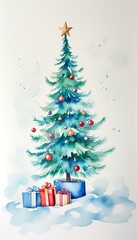 Fototapeta premium Ein schlanker, geschmückter Weihnachtsbaum mit roten Kugeln und einem Stern an der Spitze, minimalistisch vor hellem Hintergrund. Perfekt für Grußkarten. Generative KI.