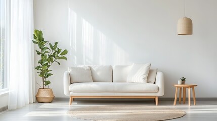 Obraz premium White walls and a clean layout give this living room a modern Scandinavian feel. The minimalist design creates a sense of space and tranquility.