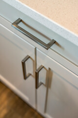 The cabinet handles are silver and have a black trim