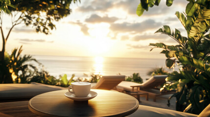 Fototapeta premium Serene sunrise with coffee by the beach in tropical paradise