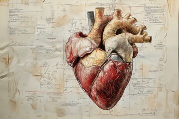 Detailed anatomical illustration of a human heart on aged paper with sketches and notes