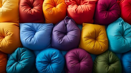Colorful Poufs Arranged in a Neat Pattern