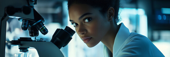 A professional woman scientist studies a sample through a microscope in a sleek, modern lab. The bold lighting creates a sharp, futuristic atmosphere in this research setting, banner