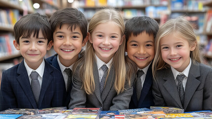 group of children in suits smiling together at library
